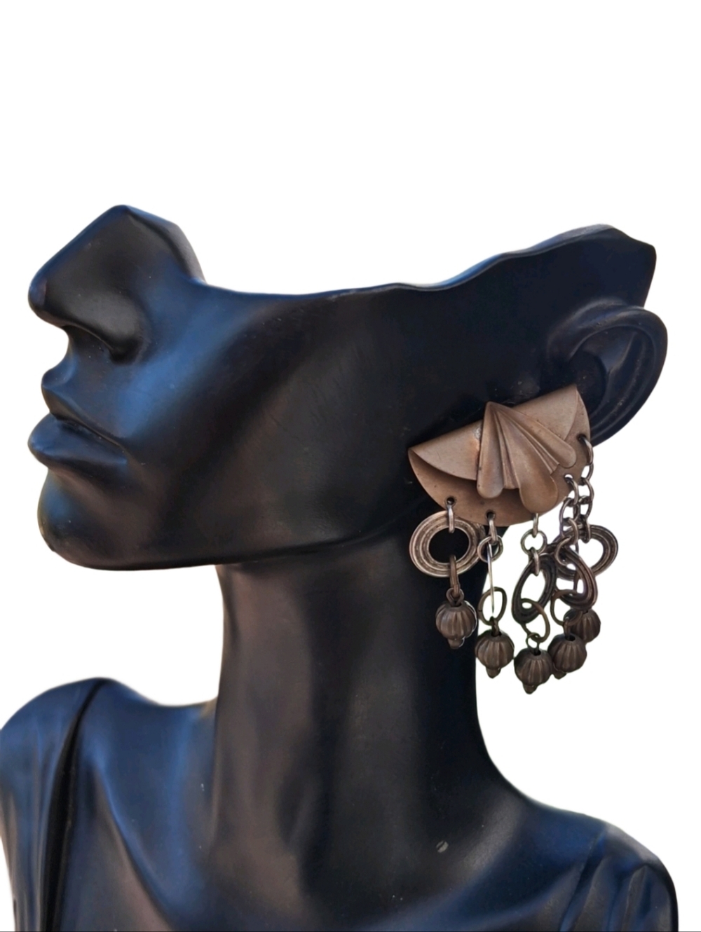 ​Vintage Brutalist Art Deco Mixed Metal Chandelier Drop Earrings Mixed Tone